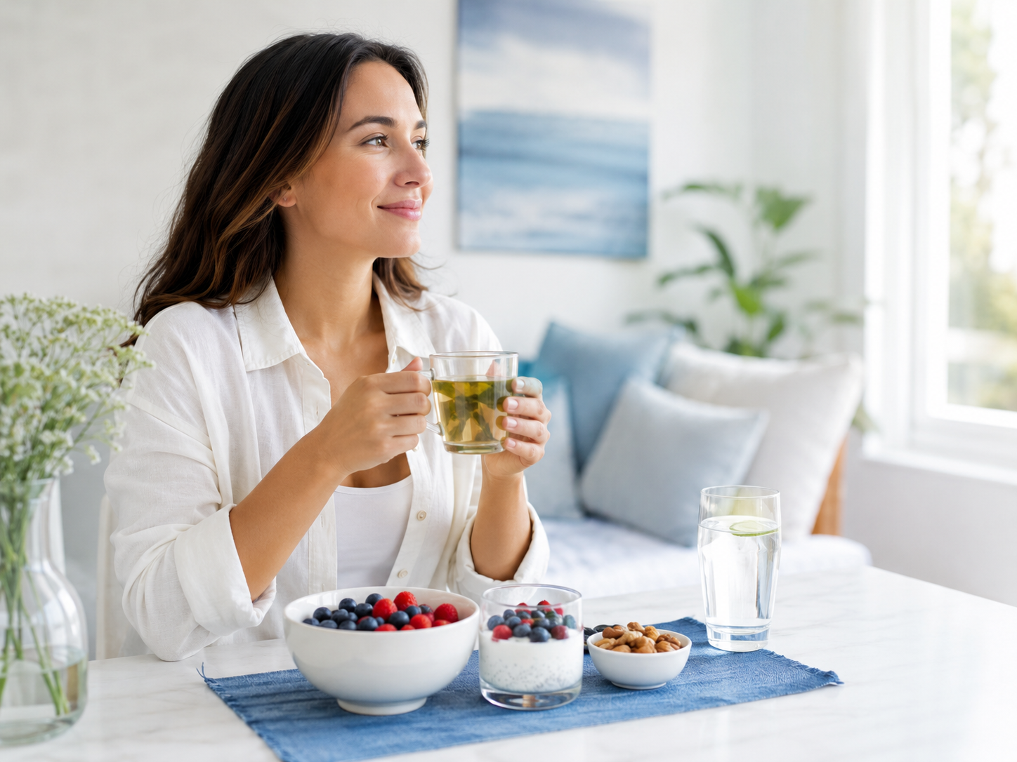 Healthy breakfast and herbal tea supporting sleep and airway wellness